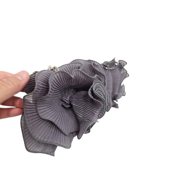 Women's Grey Ruffle Floral Pleated Convertible Clutch Satin Evening Sling Bag - Picture 4 of 8